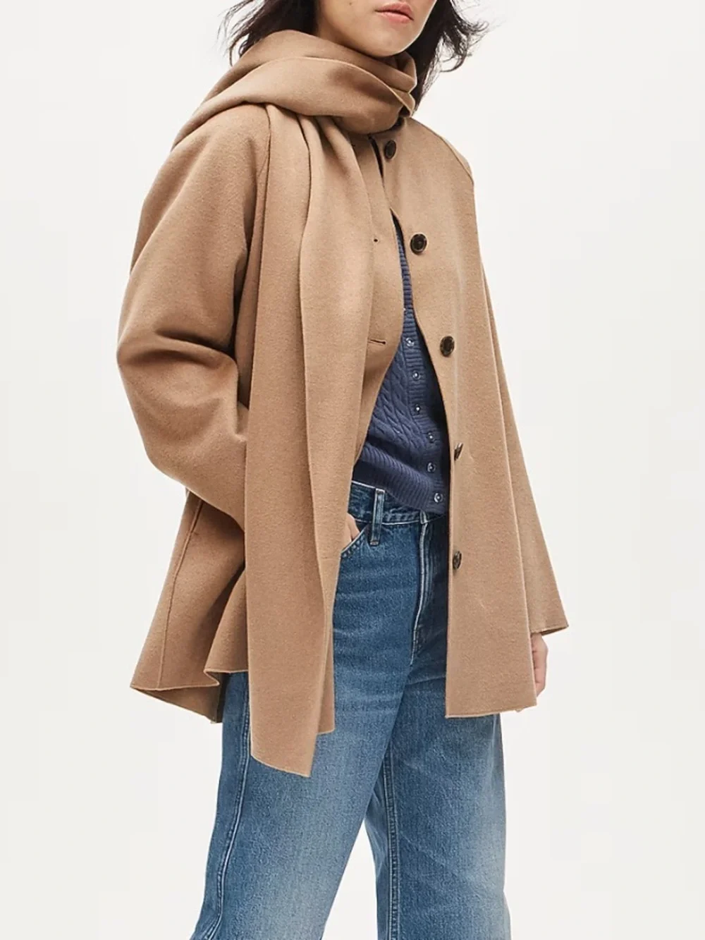 J crew dark camel Scarf coat in drapey wool blend